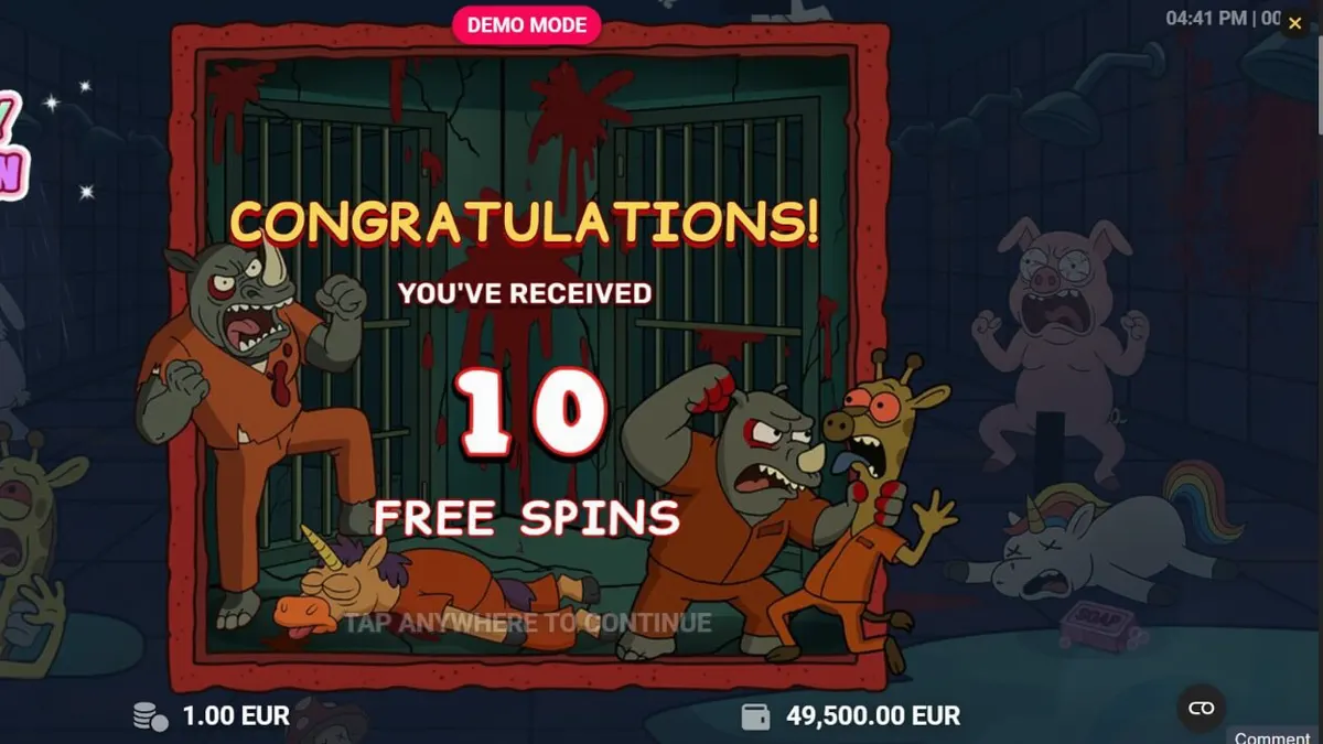 Happy Prison slot game interface featuring cartoon characters