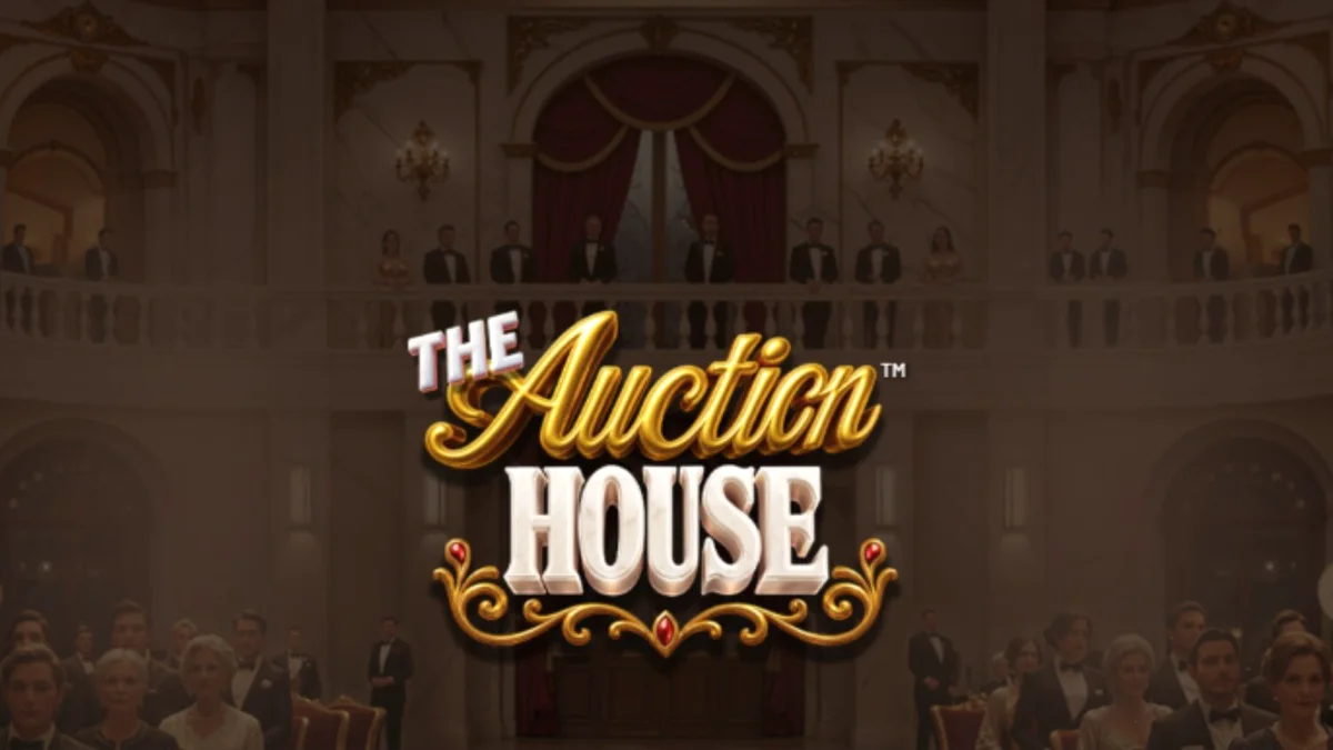 The Auction House slot game interface showing luxury items and auction theme