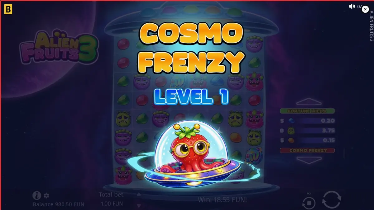 Tampilan visual slot Alien Fruits 3 dengan tema neon luar angkasa