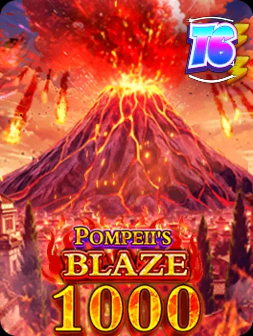 Tampilan visual slot Pompeii’s Blaze 1000 dengan latar belakang Gunung Vesuvius yang membara dan simbol-simbol Romawi.